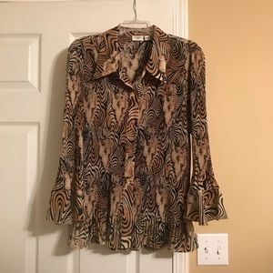 Multi Print Pleated Button Up Top w/ Ruffle Sleeve